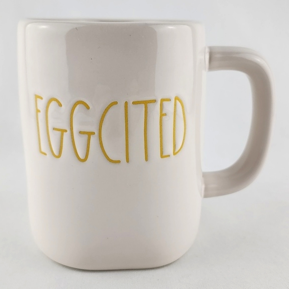 RAE DUNN White Glossy Mug Yellow Large Letters EGGCITED Easter Festive